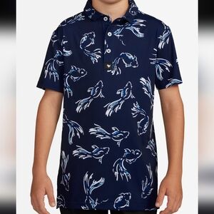 Bad Birdie Youth Polo The Shallows Fish Pattern UniSex XL Navy Blue
